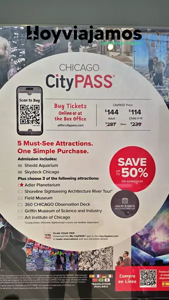 Cartel informativo de Chicago CityPASS, tarjeta turística para visitar atracciones de Chicago