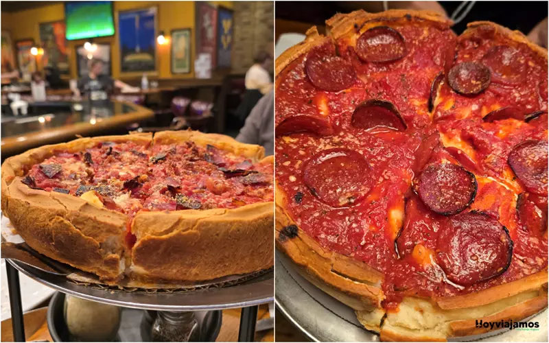 Deep-dish pizza típica de Chicago con masa gruesa, queso, salsa de tomate y abundante relleno