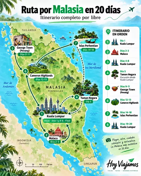 Mapa de nuestro itinerario por Malasia con todas las paradas de la ruta