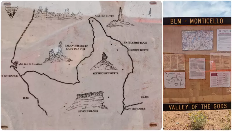 Mapa y cartel en la entrada del Valle de los Dioses en Utah