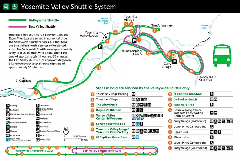 Mapa Shuttelbus, ¿Qué ver en Yosemite en un día?
